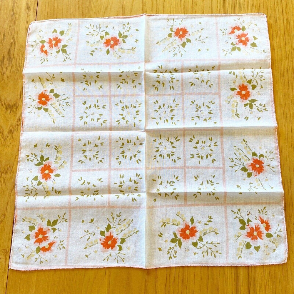 Vintage Handkerchief Hanky Printed Orange Pink Yellow Flowers Rolled Edge 13.5"